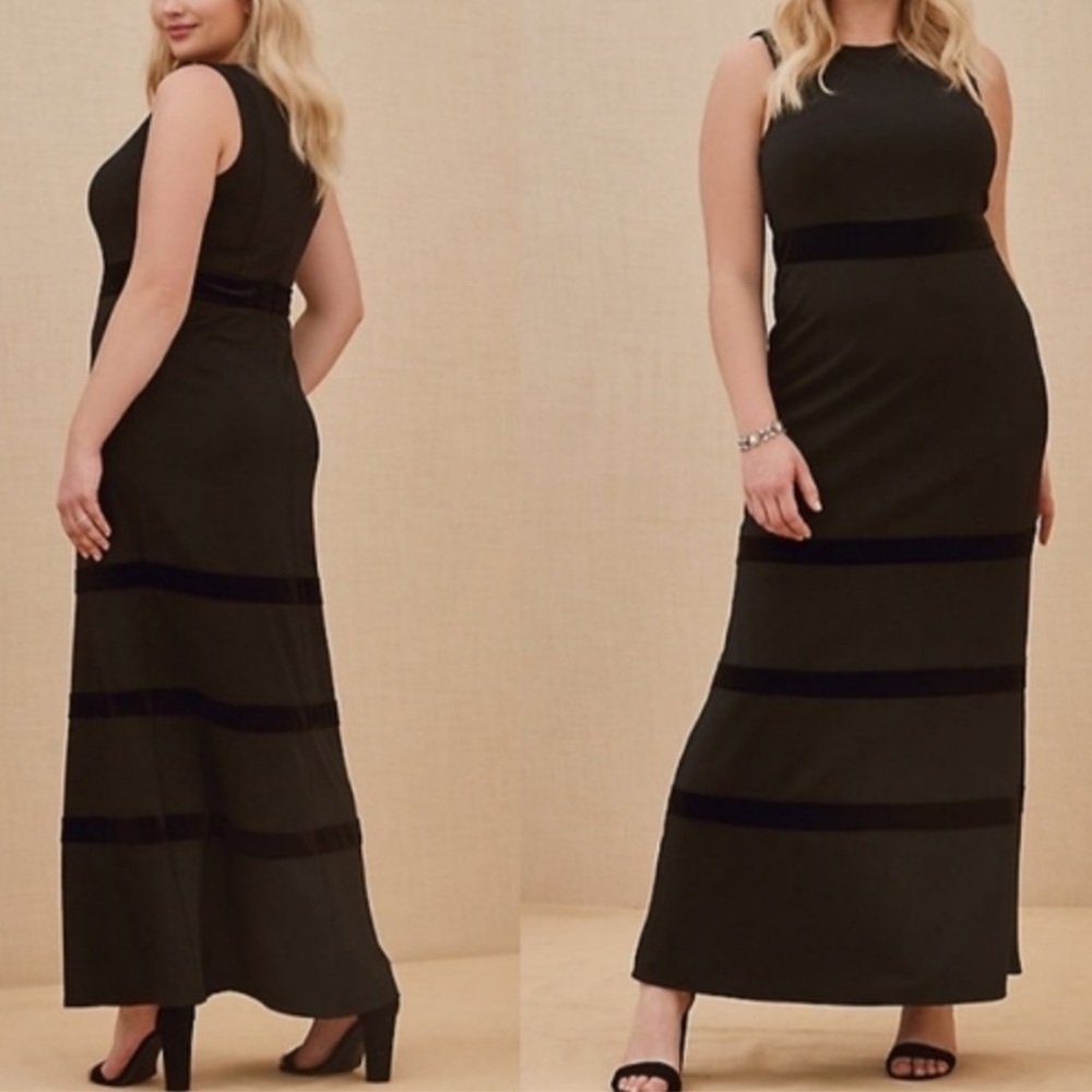 Torrid Special Occasion Black Crepe Scuba Knit Velvet Stripe Maxi Gown Black 16